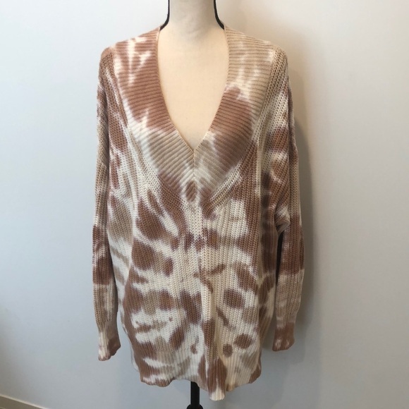 Aerie Oversized Sweater Ivory Brown Tie Dye Ribbed Pullover Long Sleeve Boho  M - Picture 1 of 11